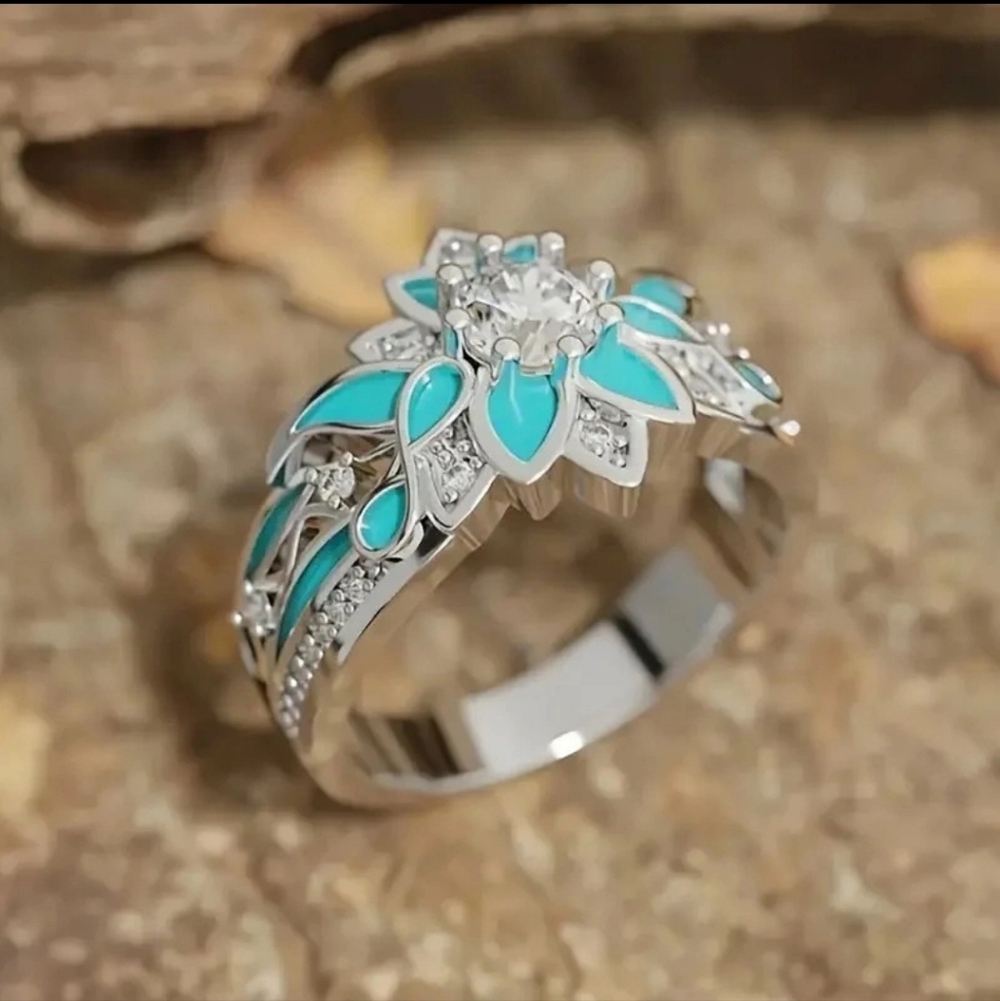 Floral Enamel Ring with Crystal Centerpiece